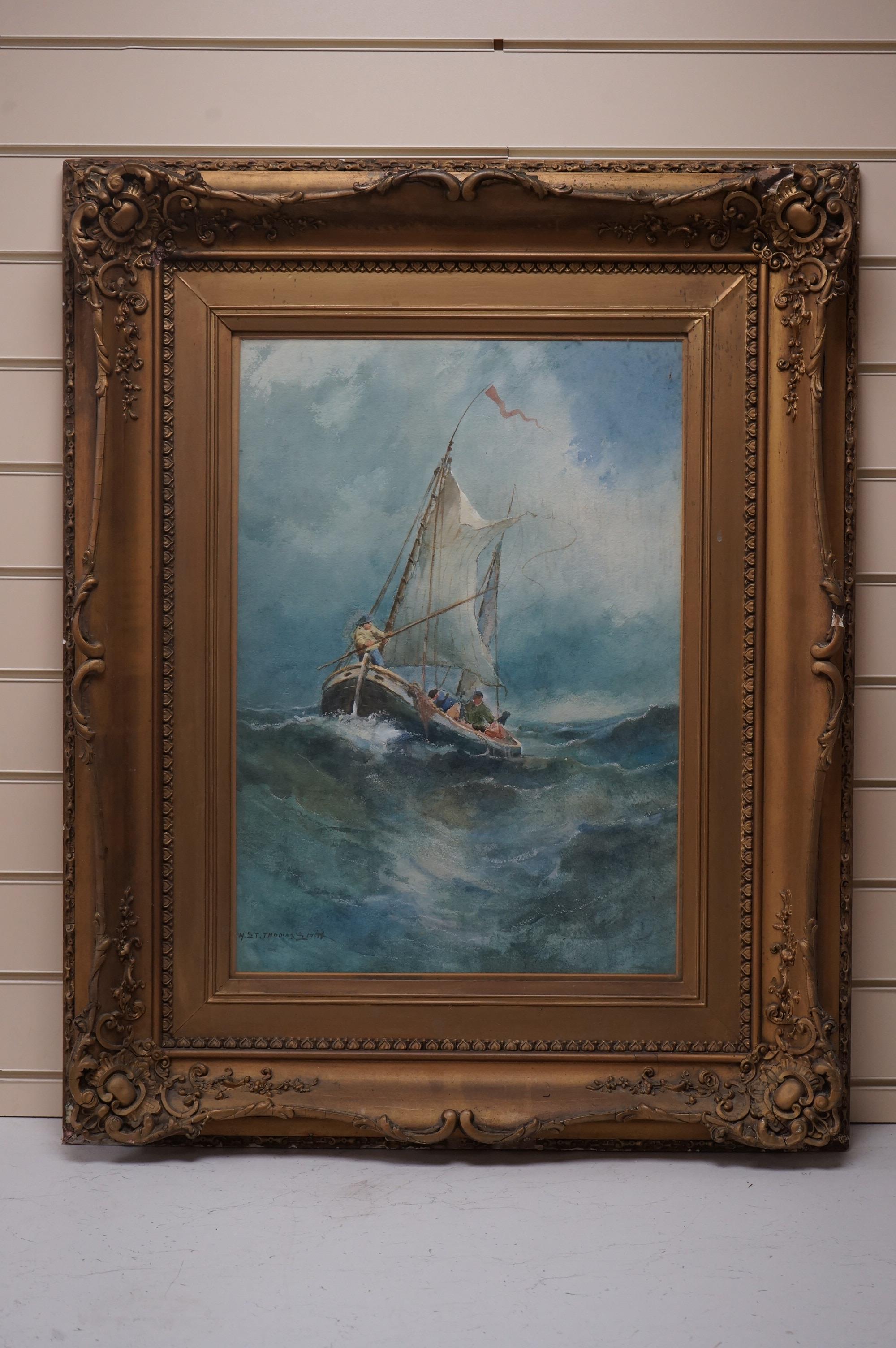William ‘St. Thomas’ Smith (Canadian, 1862-1947), watercolour, Fishermen at sea, signed, 60 x 41cm, ornate gilt frame. Condition - fair to good